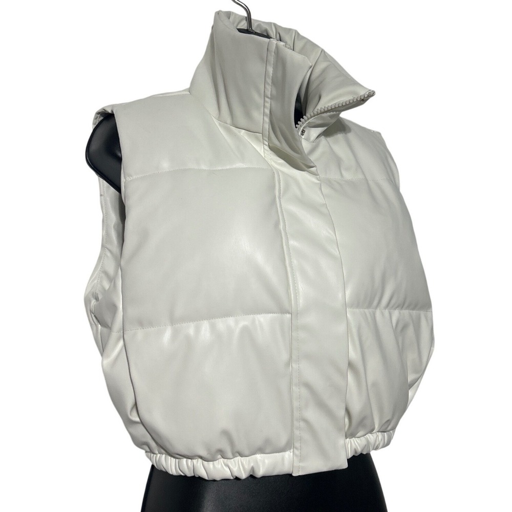 COMMENSE Women White Faux Leather Puffer Vest Cropped High Funnel Neck Zip S - Picture 2 of 6